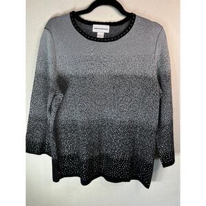 Alfred Dunner Round Neck Beaded Tunic Blouse. Black & Silver. Size Medium